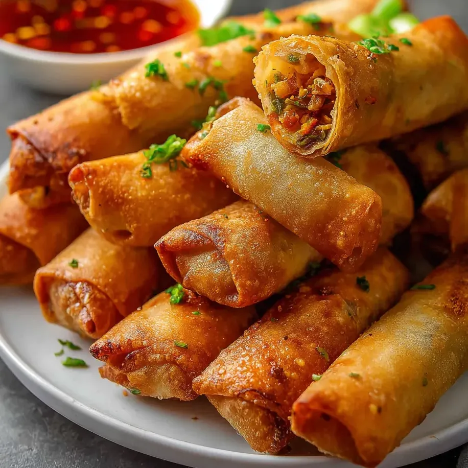 Une assiette de lumpia croustillant aux légumes.
