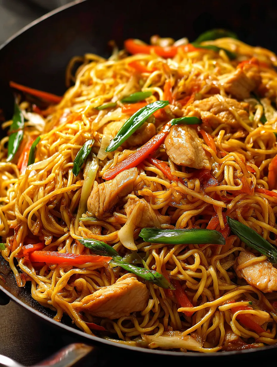 Un bol de nouilles avec du poulet et des légumes.