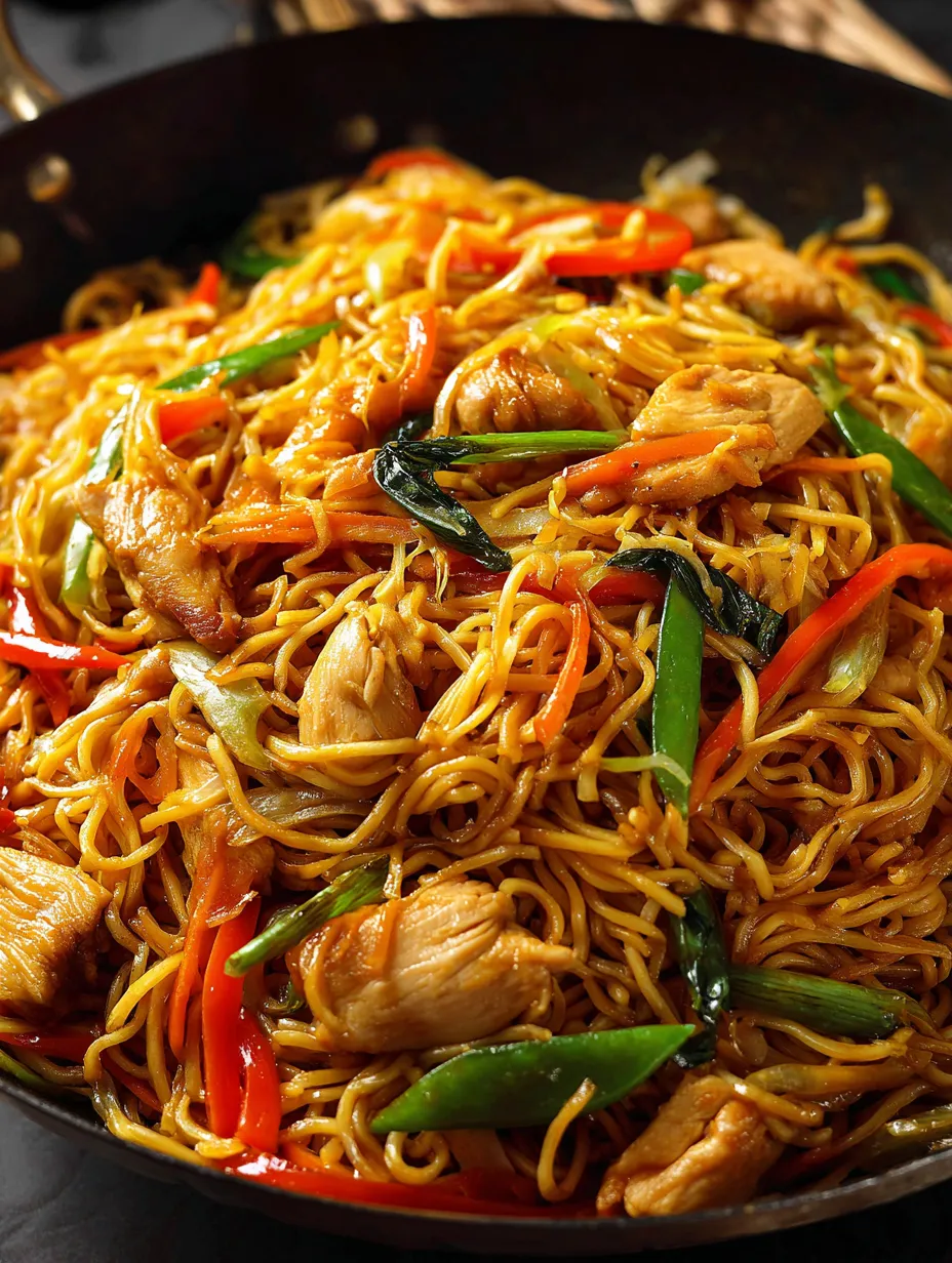 Un bol de nouilles avec du poulet et des légumes.
