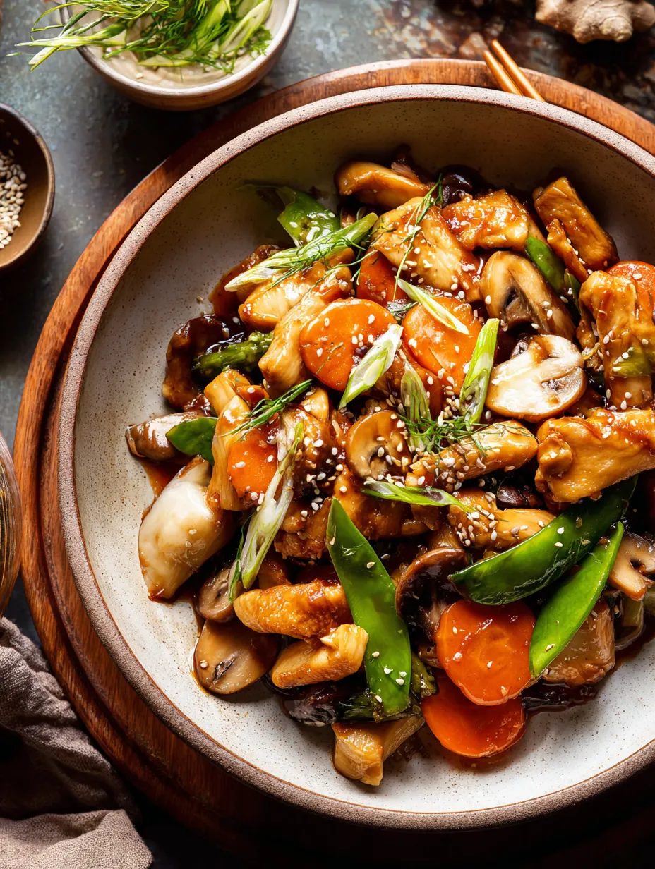 Un bol de sauté avec champignons, poivrons et carottes.
