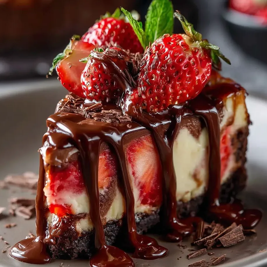 Une part de cheesecake, fraises fraîches et chocolat fondu dessus.