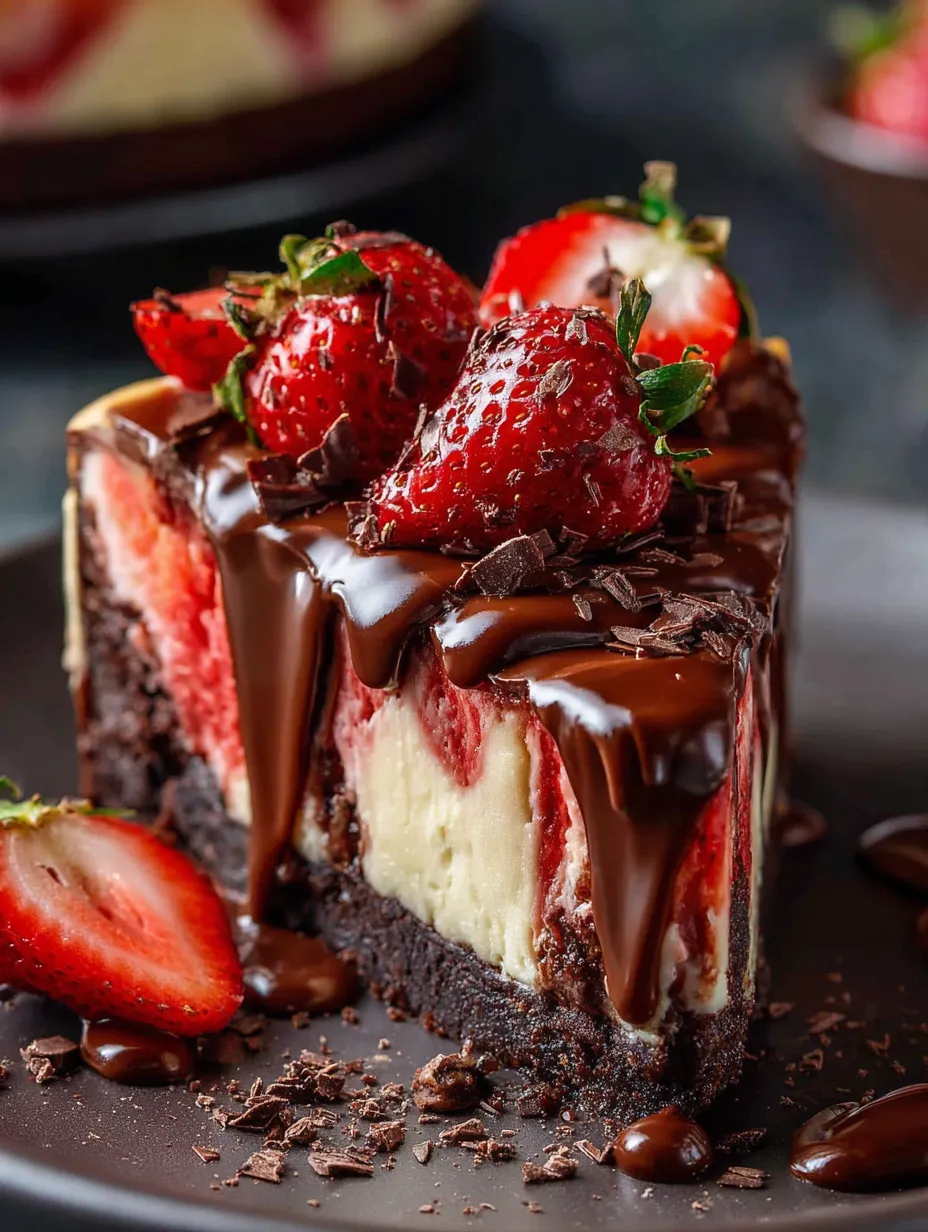 Une part de gâteau au chocolat surmontée de fraises fraîches.