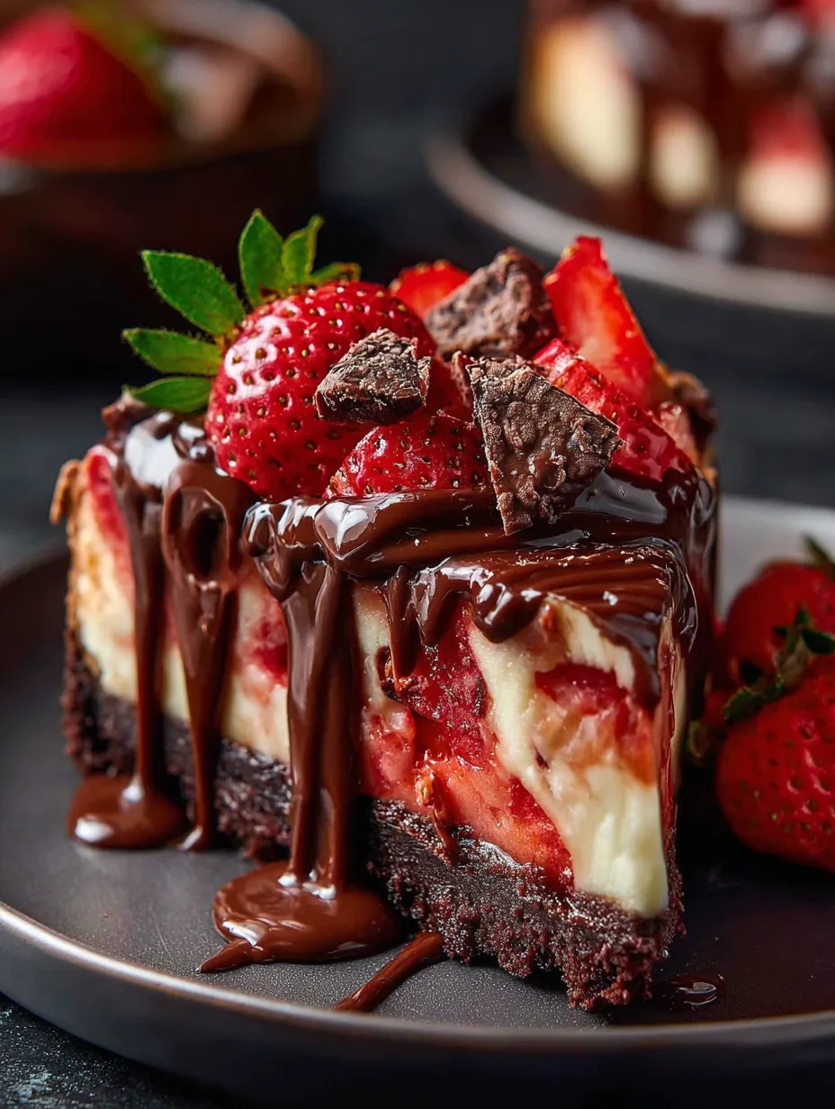 Une part de gâteau au chocolat surmontée de fraises fraîches.