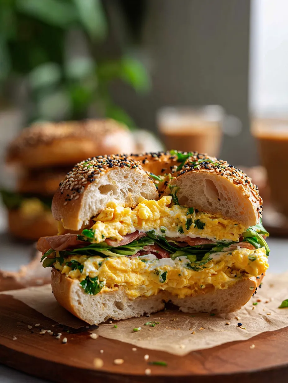 Un sandwich bagel avec des œufs et des épinards.