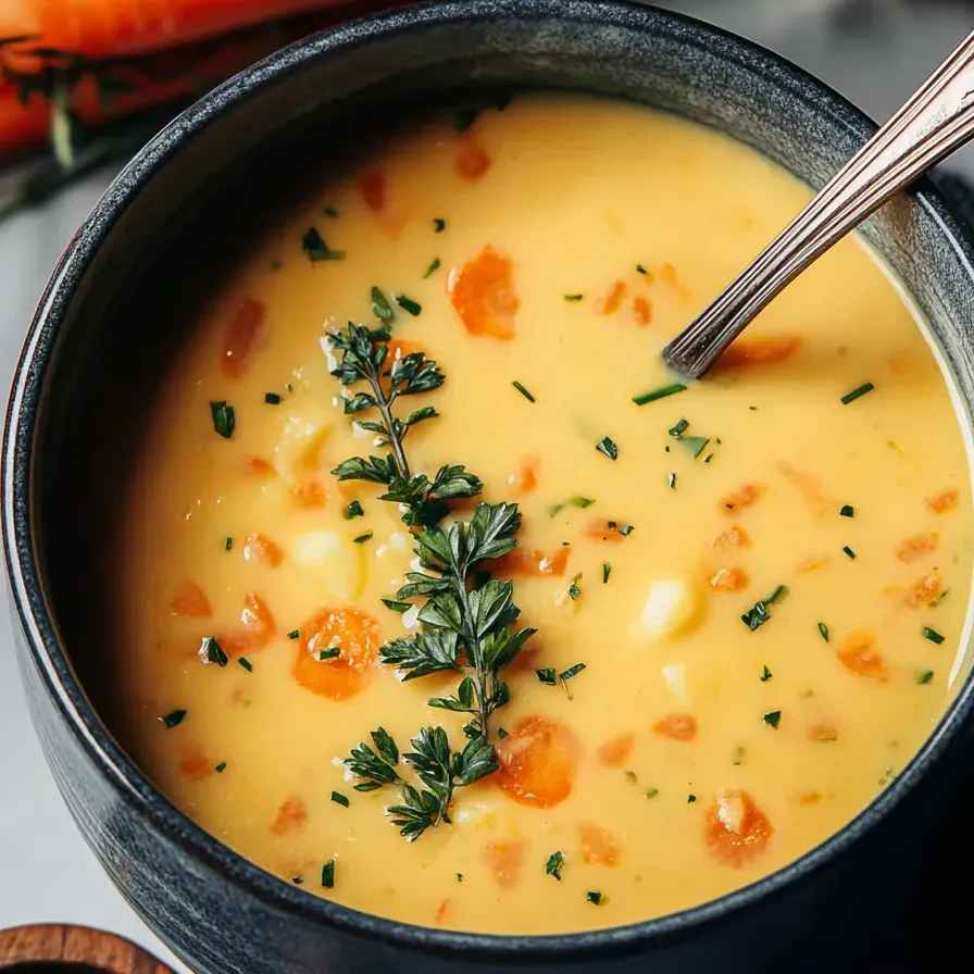 Un bol de velouté garni de thym frais.