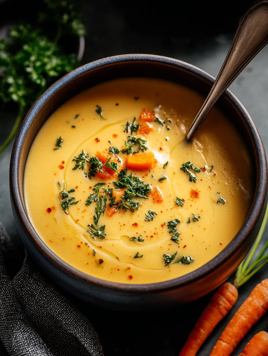 Un bol de soupe avec carottes et persil.