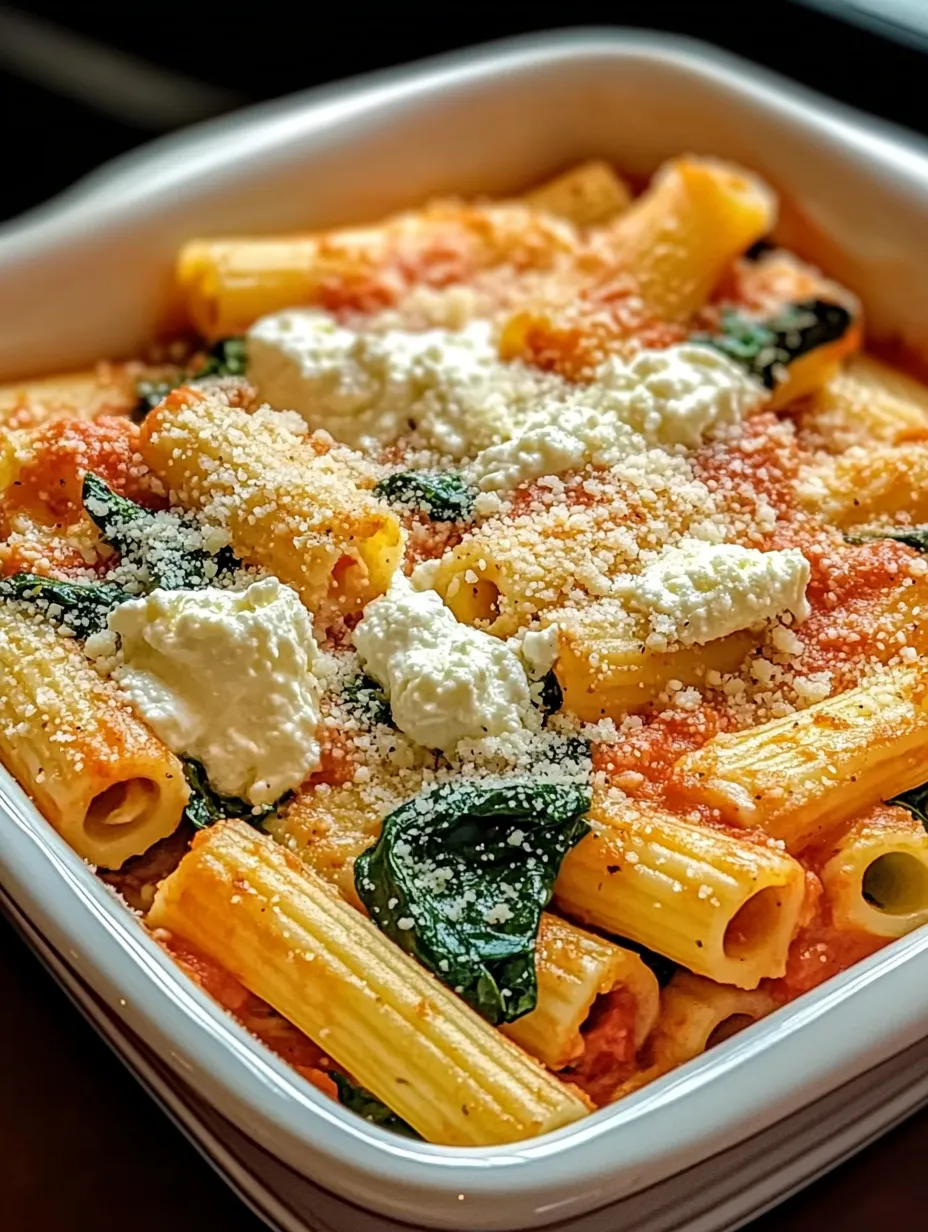 Un bol de pâtes avec fromage blanc et épinards.