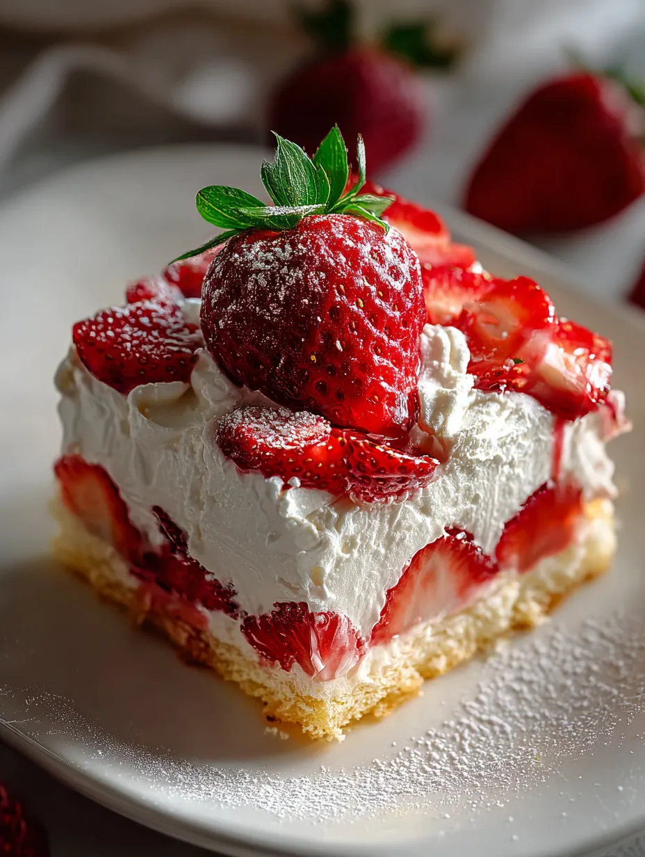 Une part de cheesecake aux fraises avec une fraise dessus.