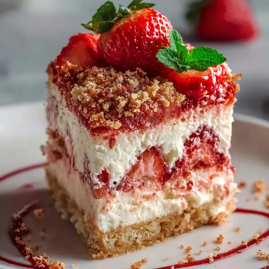 Une part de gâteau surmontée de fraises.