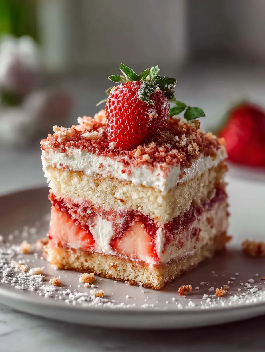 Une part de gâteau garnie de fraises.