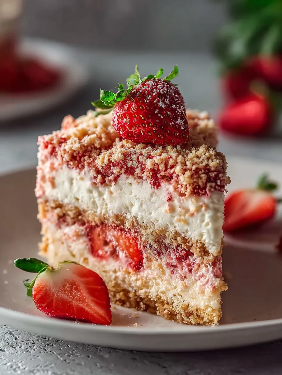Une part de gâteau garnie de fraises.