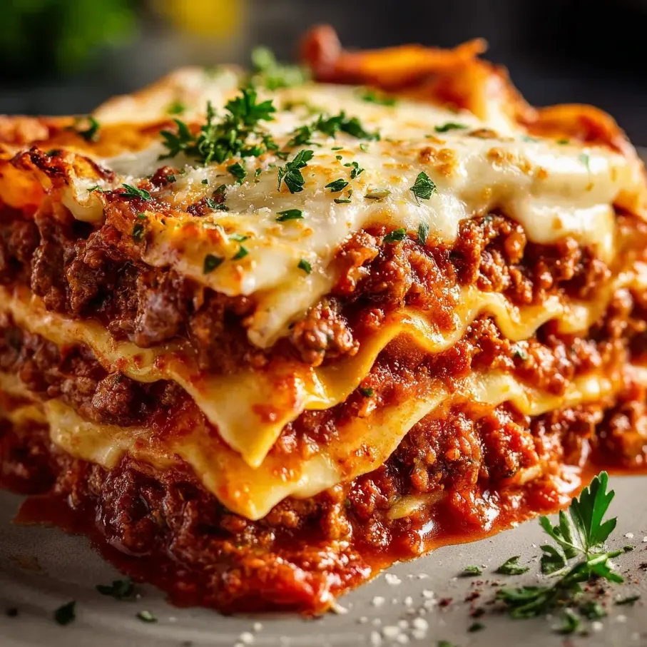 Une portion de lasagnes gratinées au fromage et herbes.