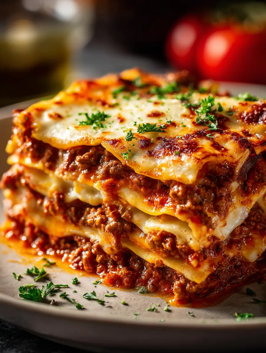 Une pile de lasagnes avec fromage et viande.