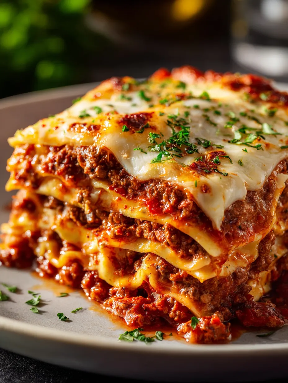 Une part de lasagnes avec du fromage et des herbes.