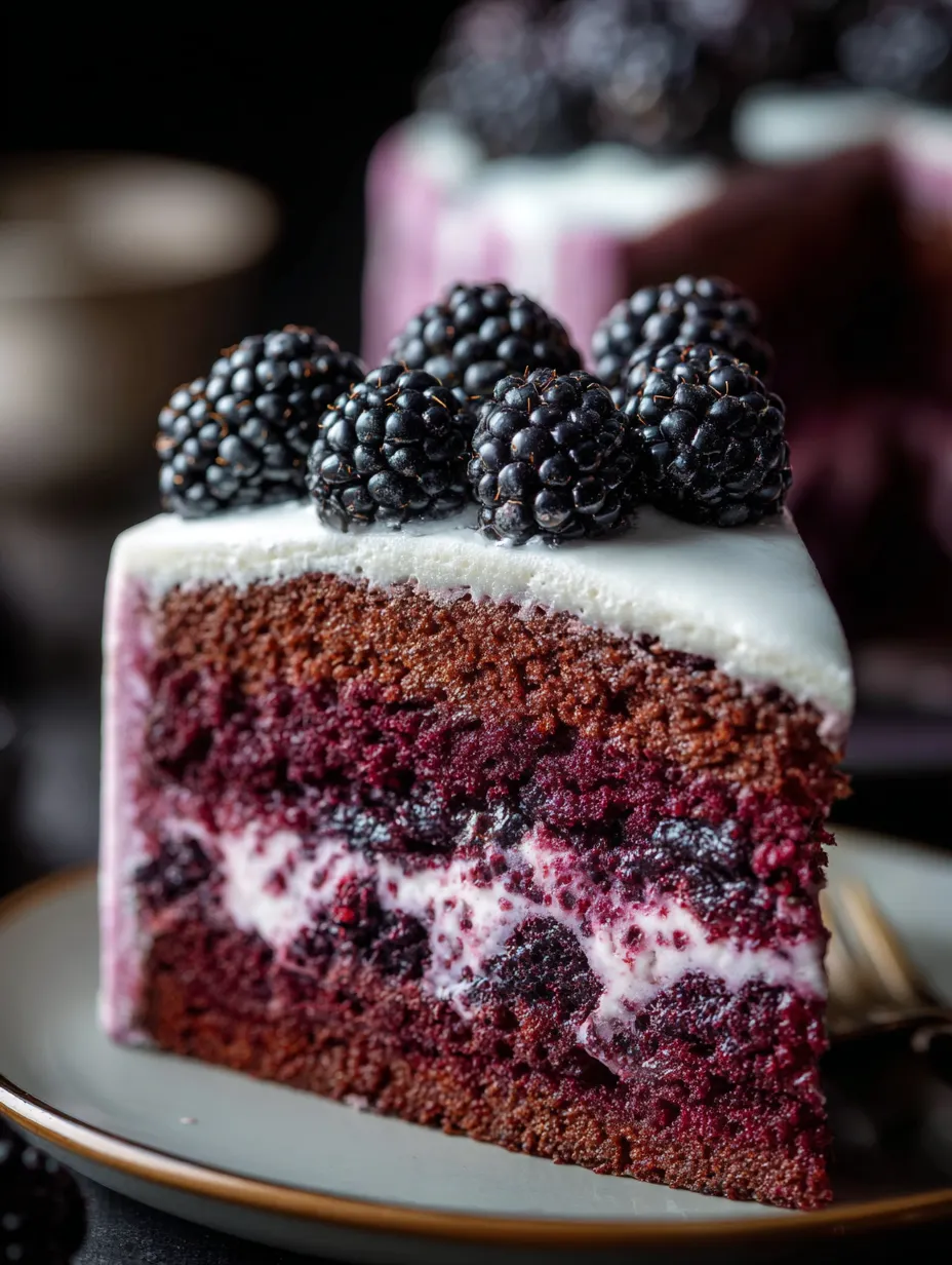 Part de gâteau au chocolat avec mûres posées dessus.