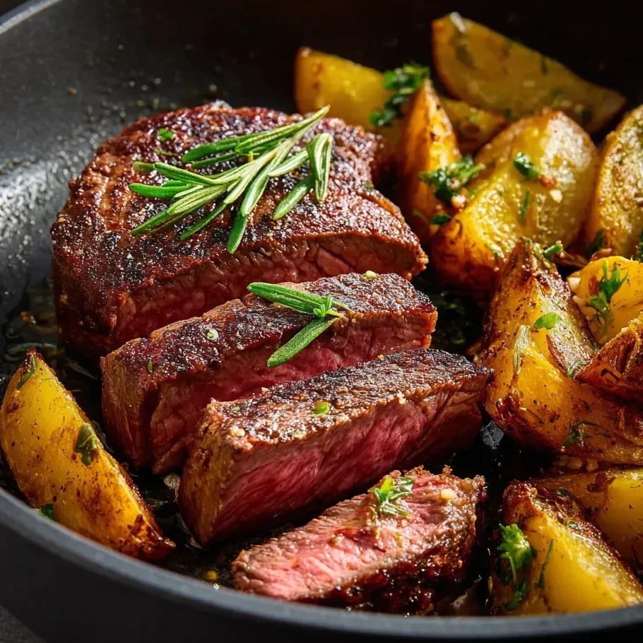 Une assiette de viande et pommes de terre.