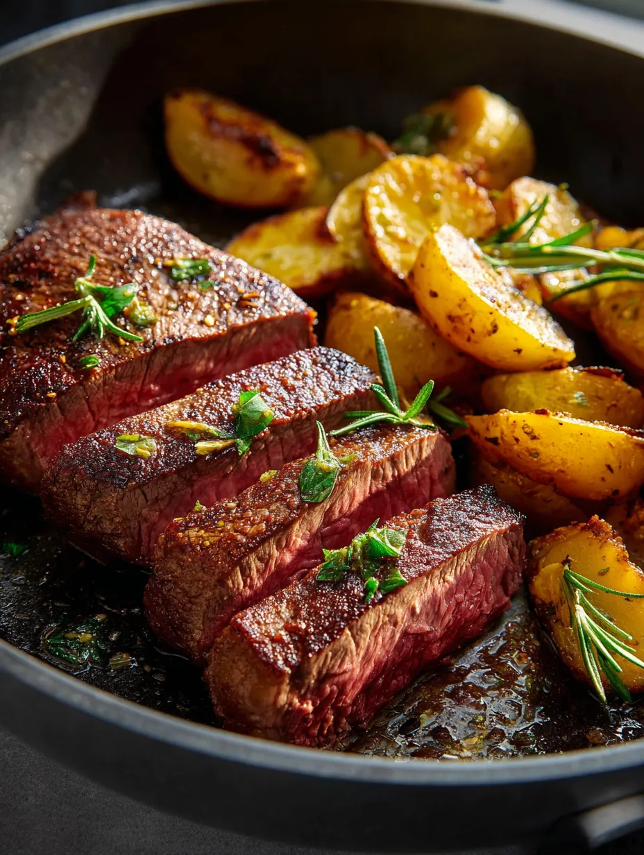 Une poêle garnie de viande et pommes de terre.