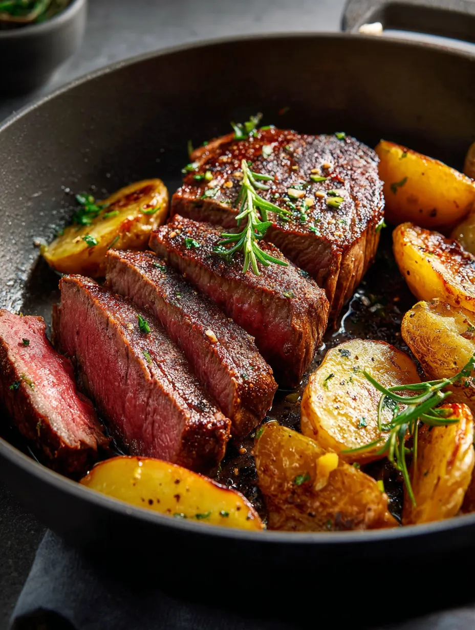 Une poêle avec viande et pommes de terre.