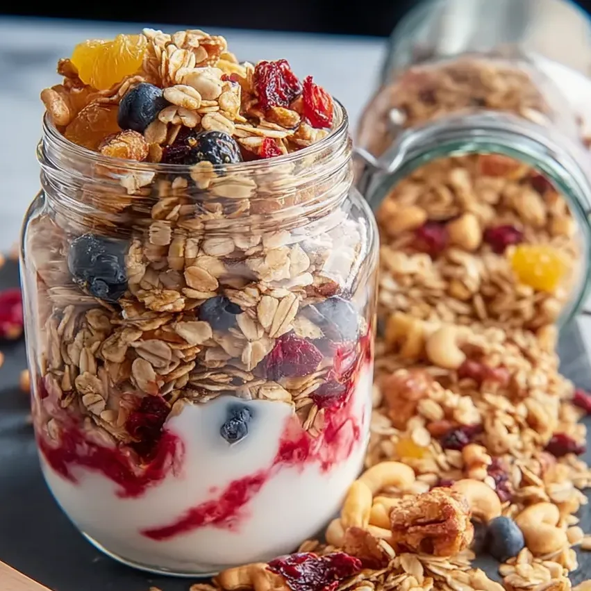 Un bocal de granola avec des myrtilles et des tranches d’orange.