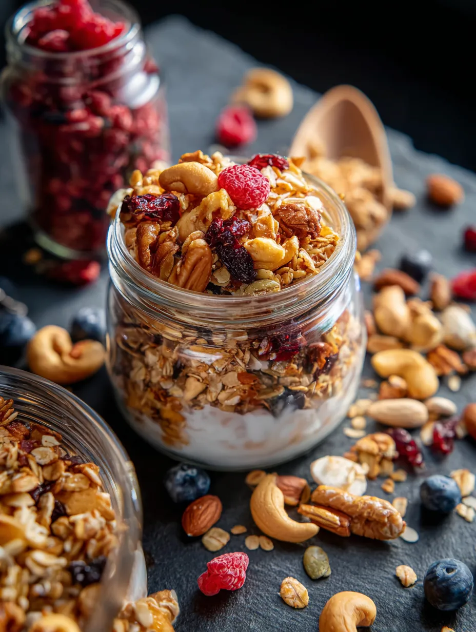 Un pot de granola aux noix et fruits rouges.