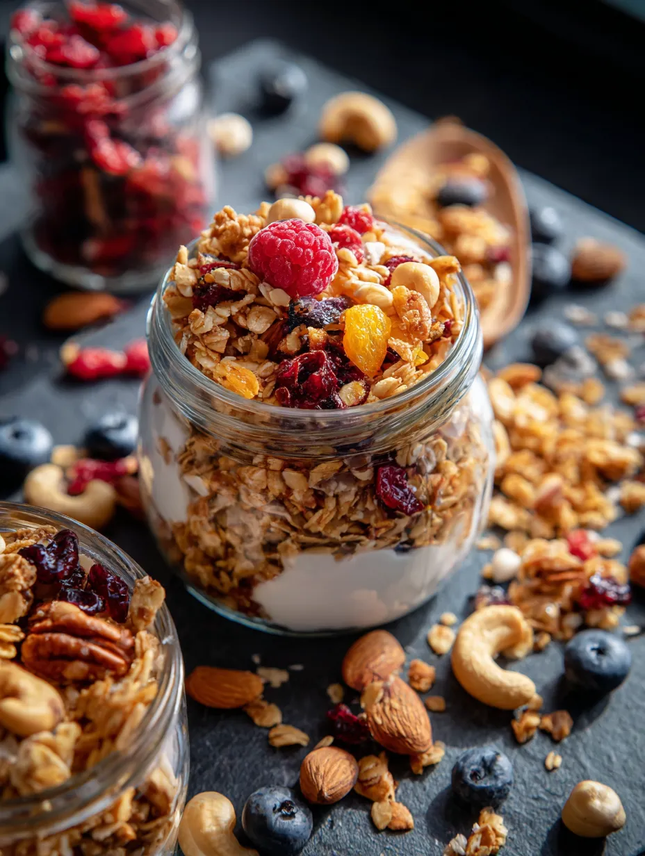 Un bocal de granola avec des baies et des noix.