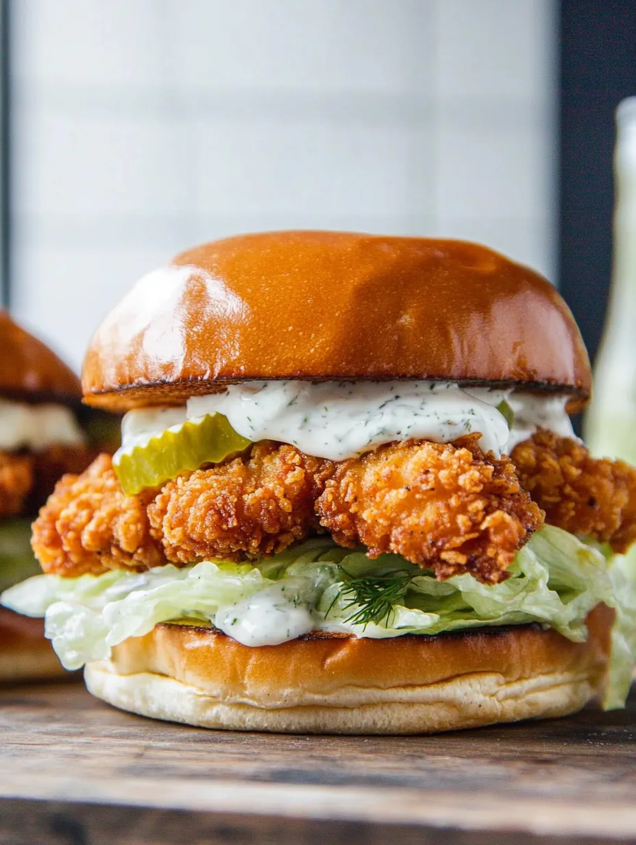 Gros plan sur un burger garni de laitue, cornichons, et sauce blanche.