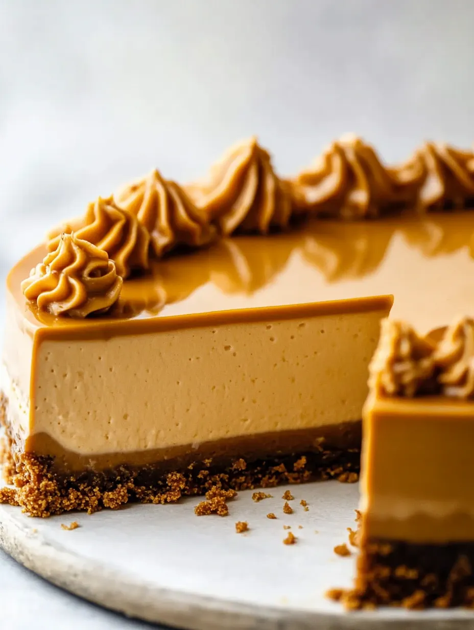 Une part de cheesecake au caramel avec nappage.