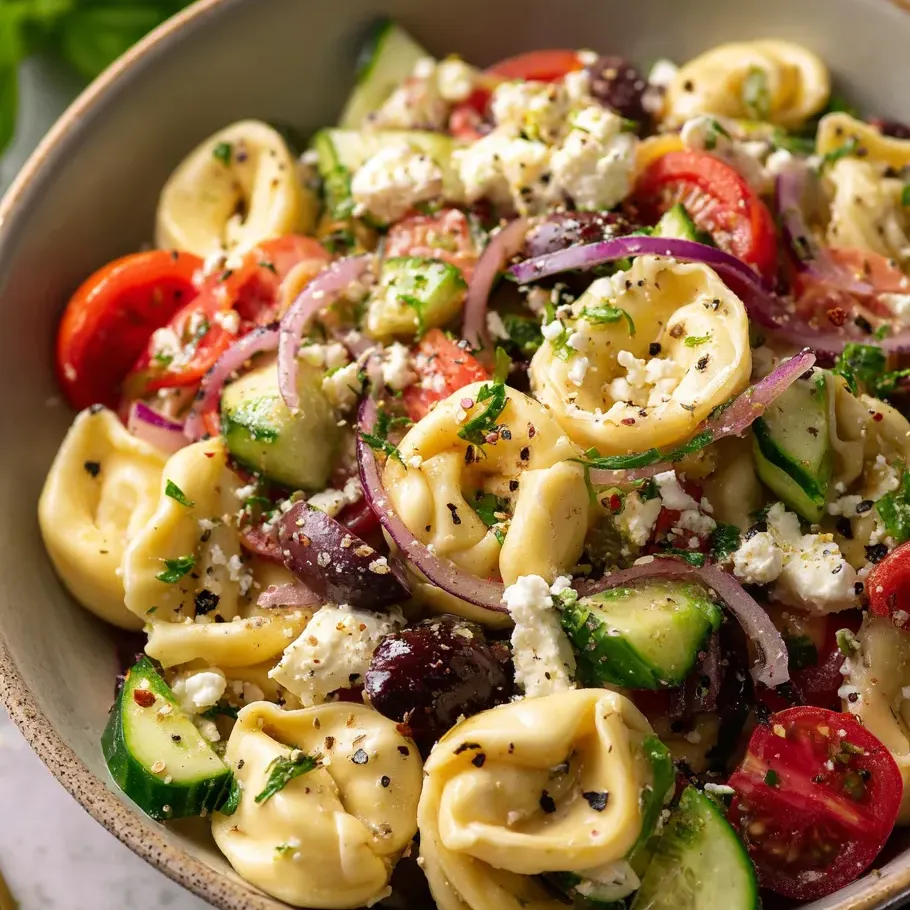 Un bol de salade de pâtes avec tomates, concombre, oignon et feta.