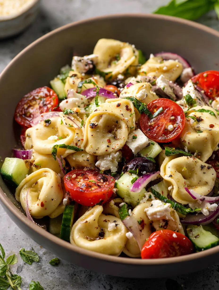 Un bol de salade de pâtes avec tomates, concombres et fromage.