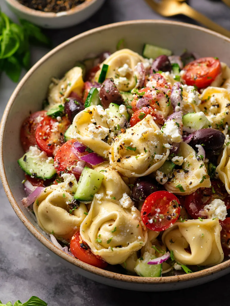 Un bol de pâtes avec tomates, concombres, olives et feta.