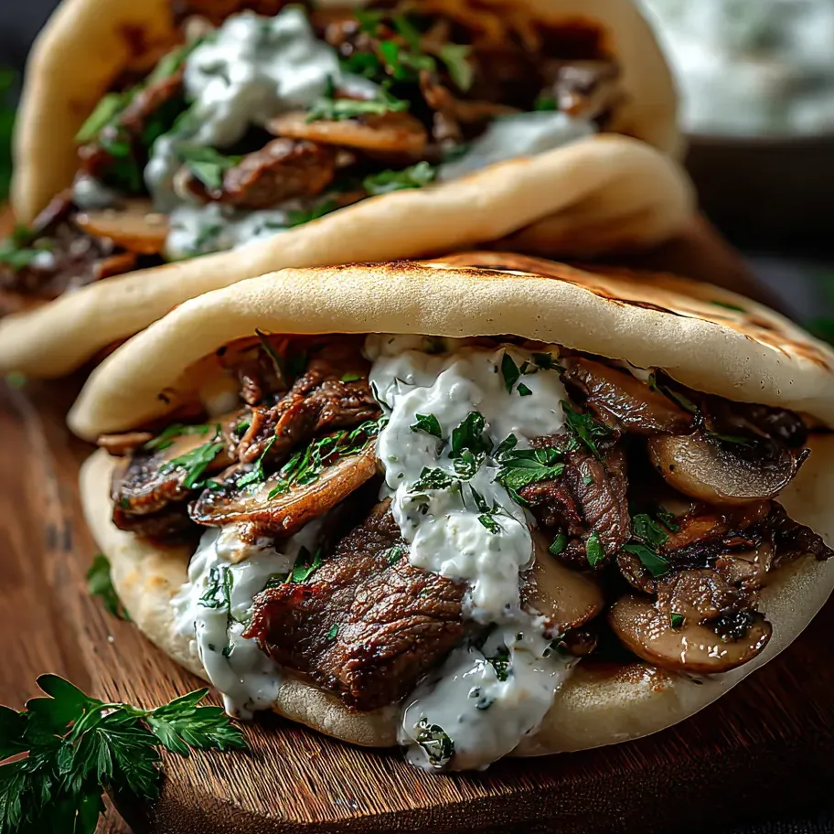 Deux sandwichs boeuf champignons sur une table en bois.