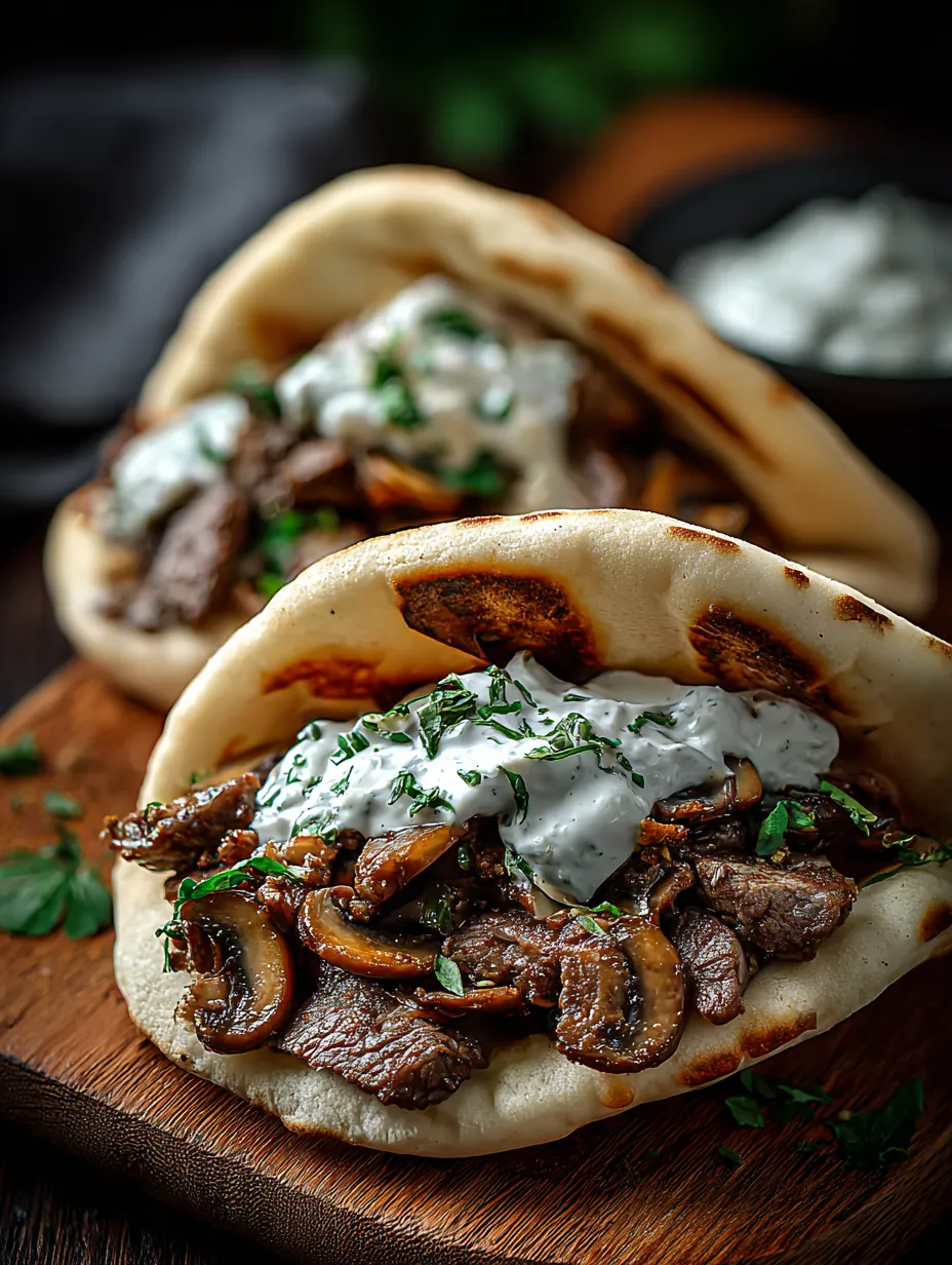 Deux sandwichs façon gyro garnis de viande et champignons.