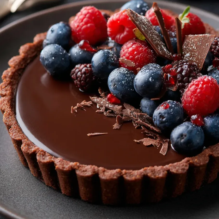 Part de tarte chocolat avec framboises posées dessus.