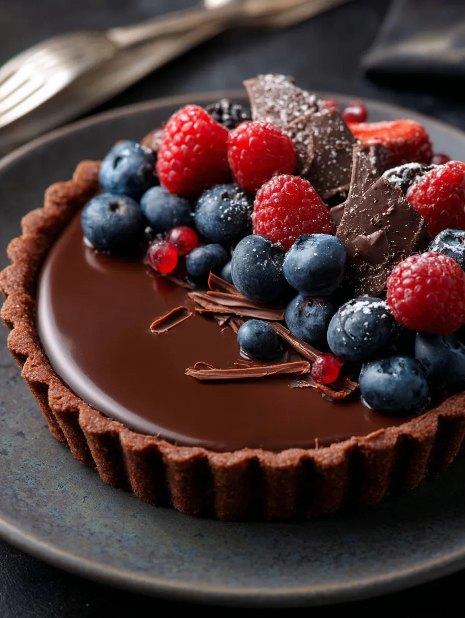 Un dessert chocolaté décoré de fruits rouges.