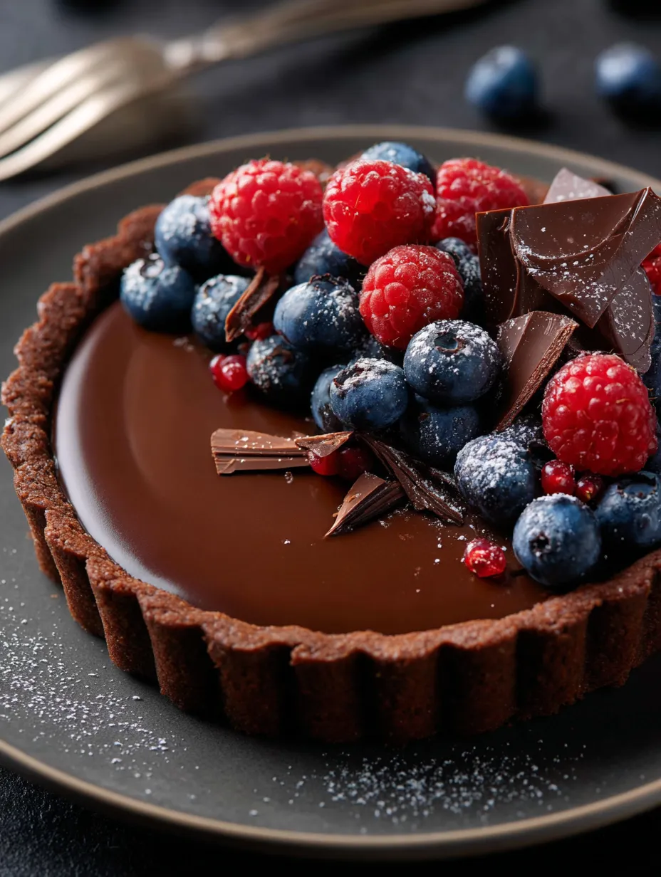 Un dessert chocolaté décoré de fruits rouges.