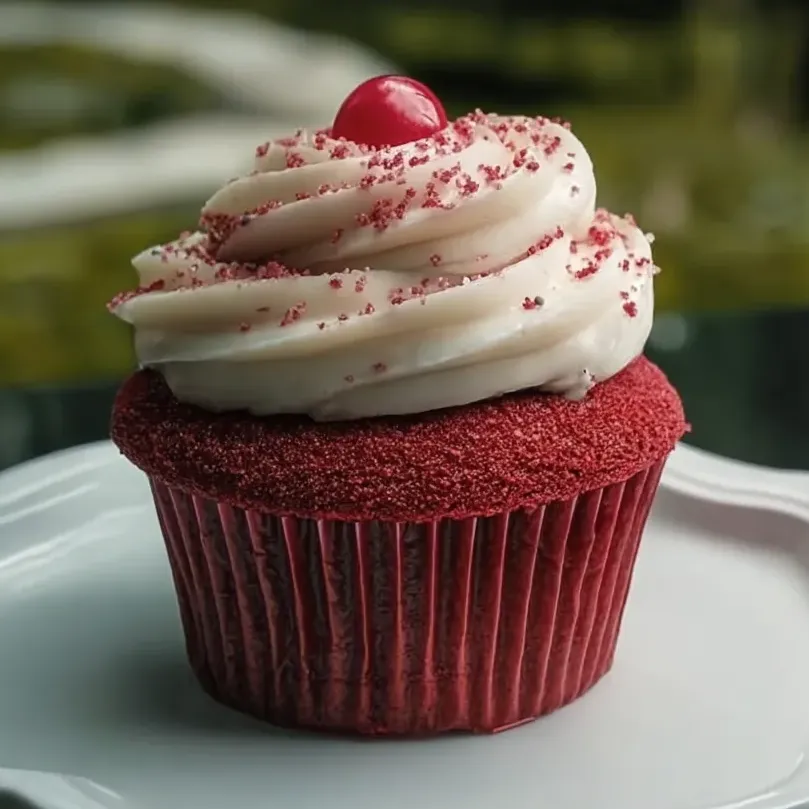 Un cupcake velours rouge nappé de glaçage blanc et une cerise dessus.