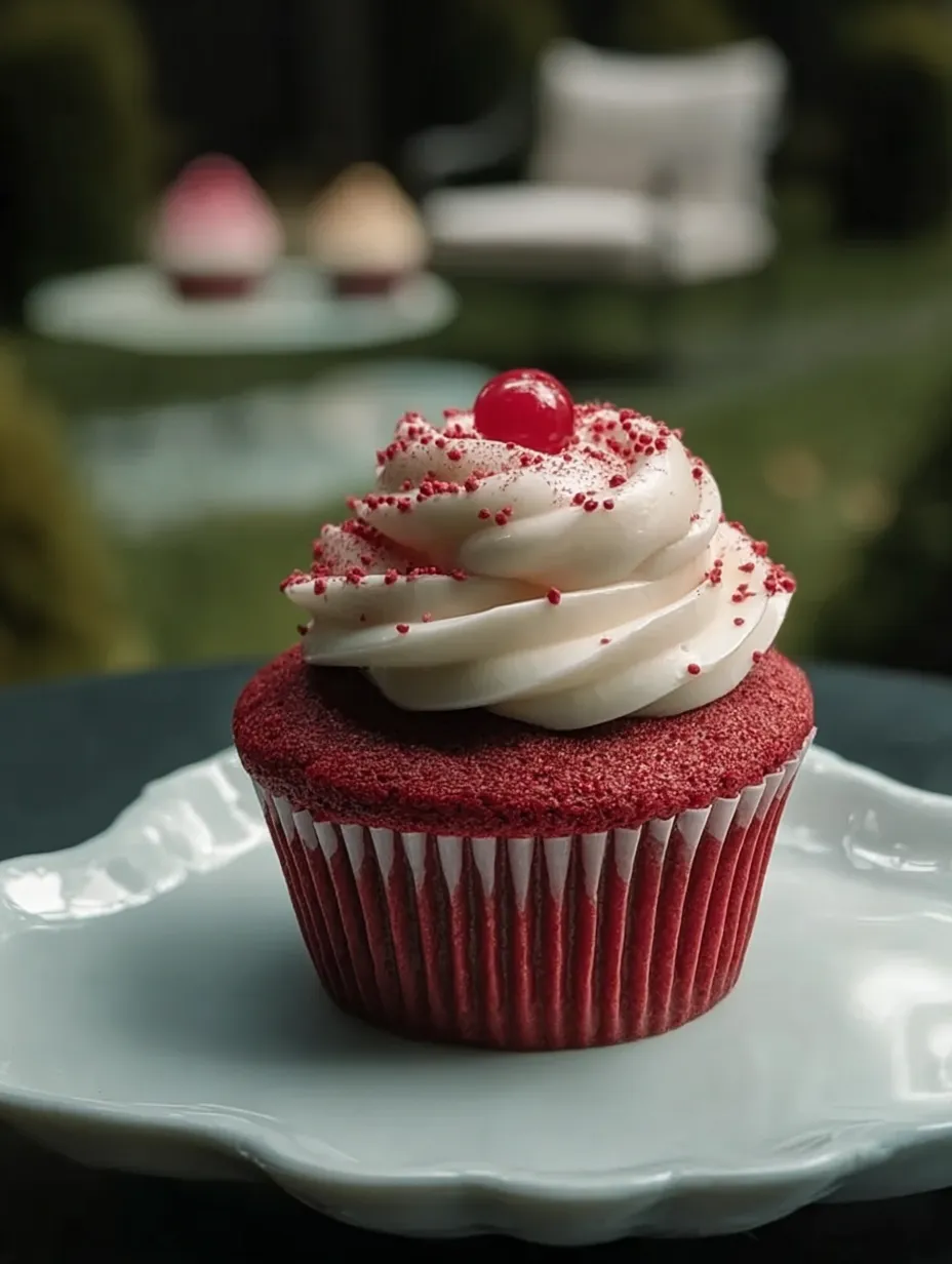Un cupcake red velvet avec glaçage blanc et une cerise sur le dessus.