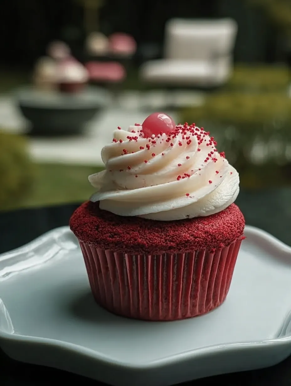 Un cupcake rouge avec glaçage blanc et une cerise sur le dessus.
