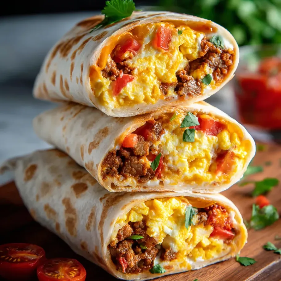 Pile de trois burritos bien garnis aux légumes et à la viande.