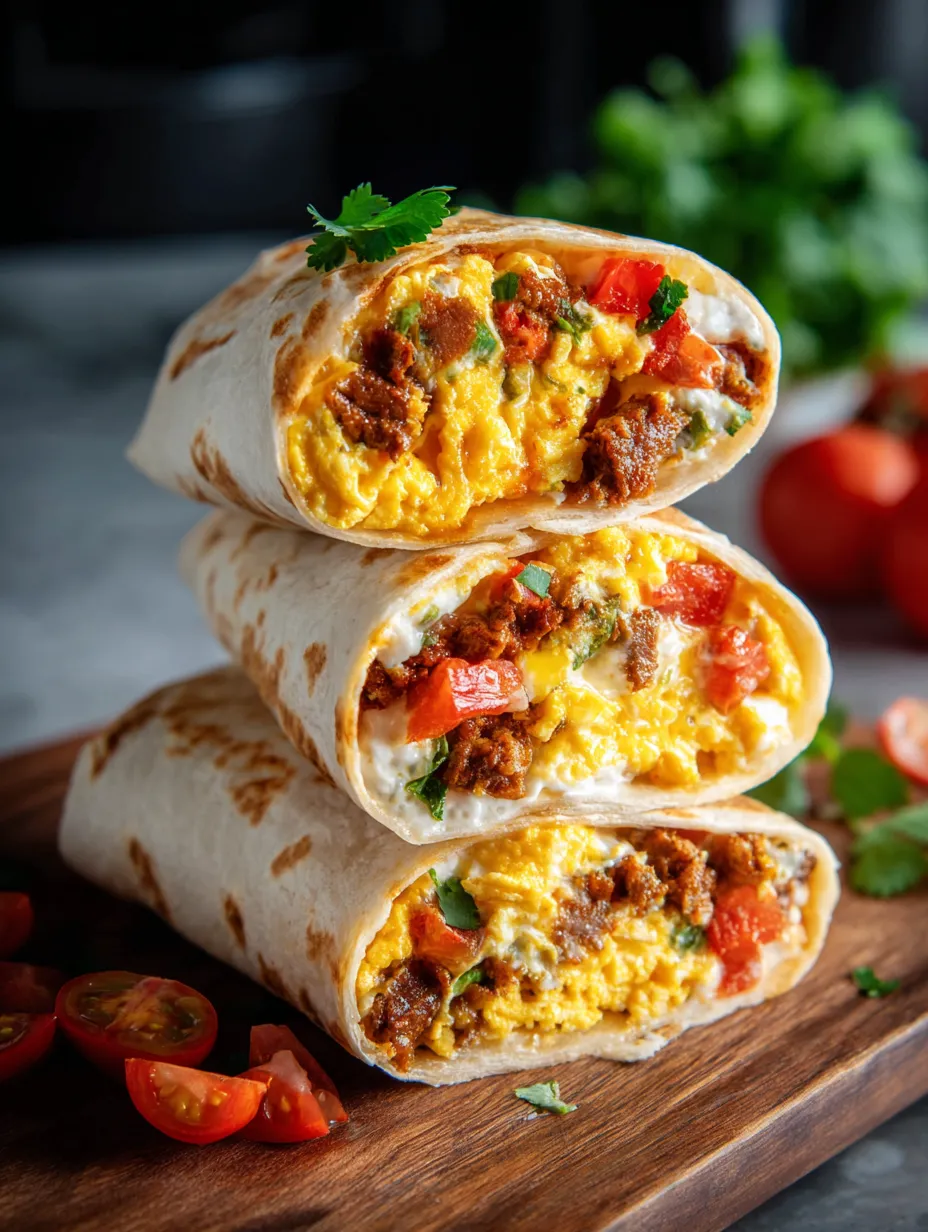 Une pile de trois burritos avec des œufs et des tomates.