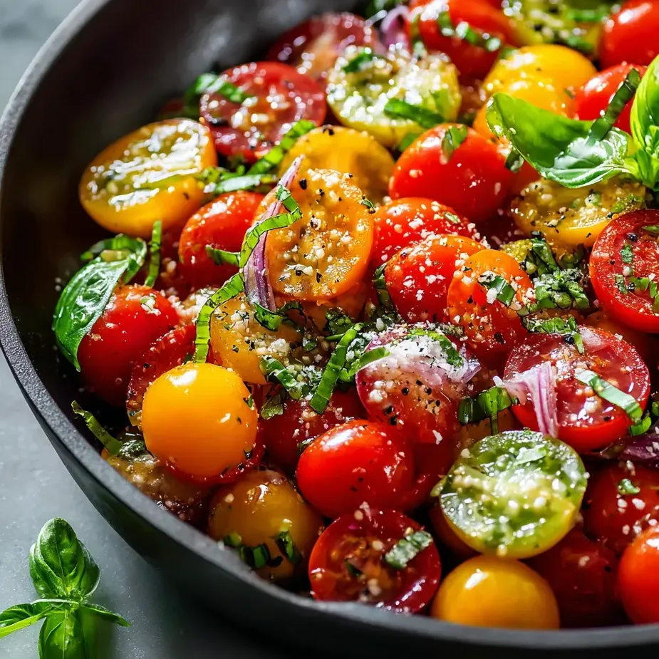 Bol coloré avec tomates, oignons et feuilles de basilic.