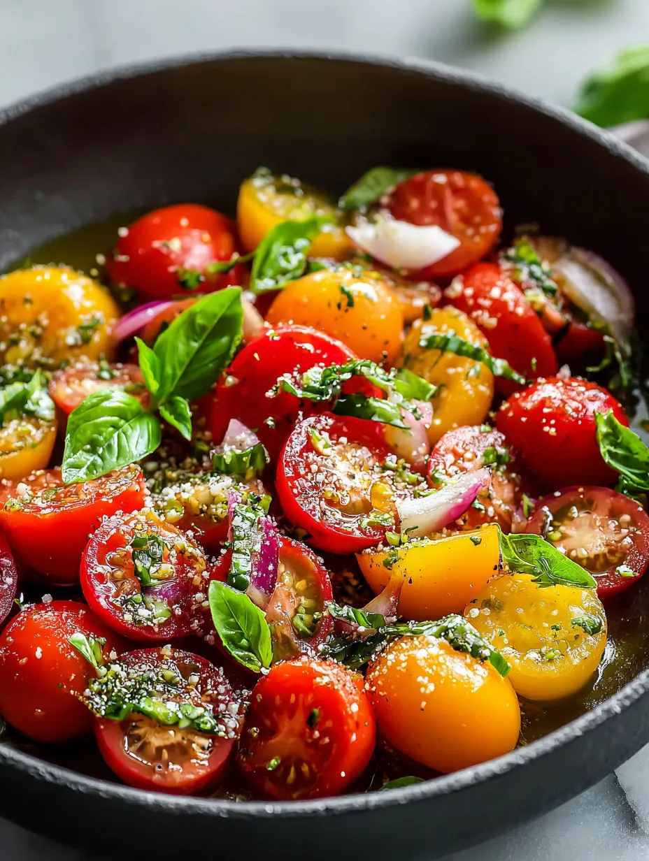 Bol rempli de tomates, oignons et basilic.