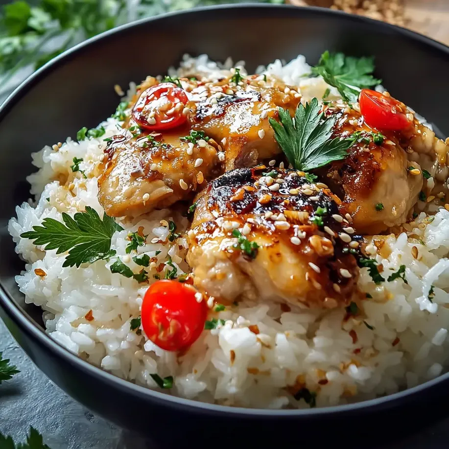 Bol de riz coco avec morceaux de poulet et tomates dessus.