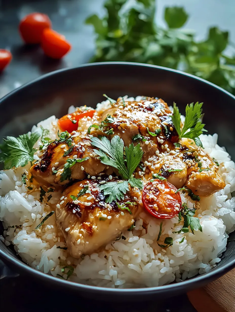 Un bol de riz garni avec poulet et tomates.