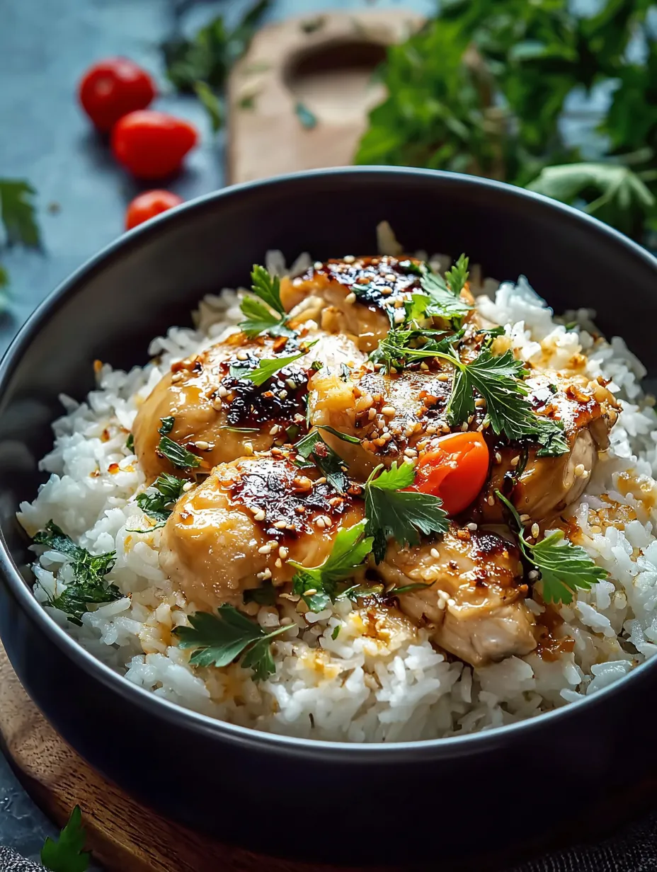 Un bol de riz garni avec poulet et tomates.