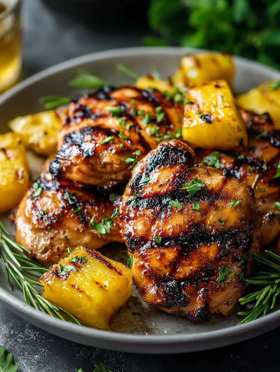 Une assiette de poulet grillé, ananas et herbes fraîches.