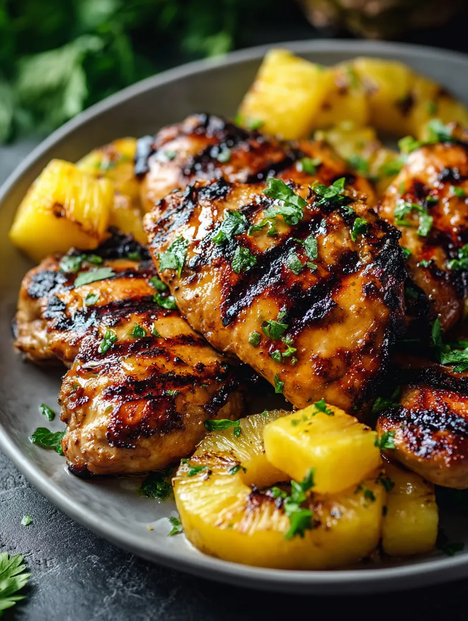 Une assiette de poulet grillé et d’ananas tranché.