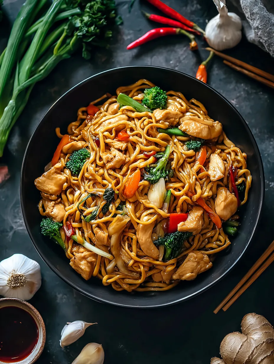 Un bol de plat chinois avec poulet, brocoli, carottes et poivrons.