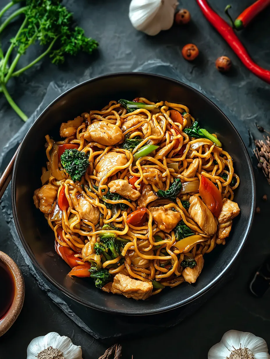Un bol de nouilles sautées aux légumes façon chinoise.