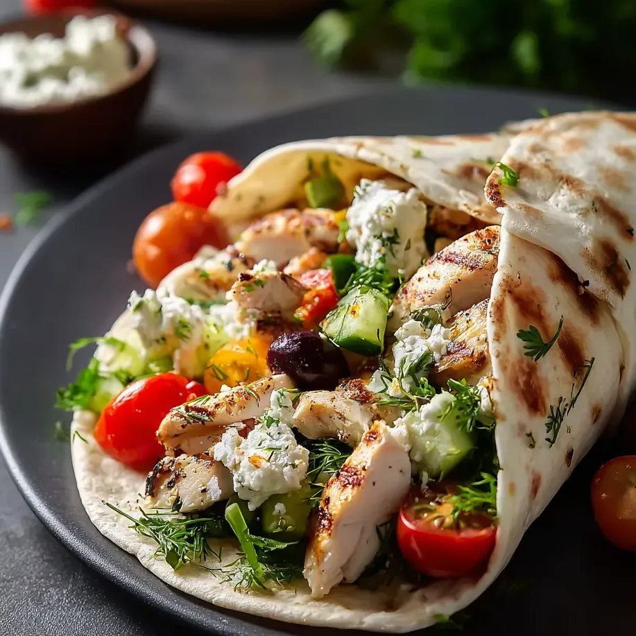 Une assiette garnie d’un wrap et d’un petit bol de sauce.